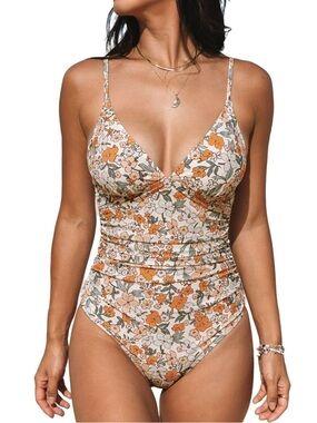 Cupshe Women's One-Piece Swimsuit - Floral Cream & Orange - Size XL - NWT